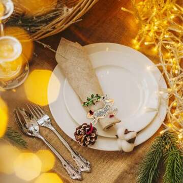 Christmas Napkin Rings, Set of 12 Xmas Napkin Rings Holders Metal Rings with Reindeer Snowman Christmas Tree Santa Claus Wreath for Christmas Holiday Dinner Party Home Table Dinning Setting Decoration