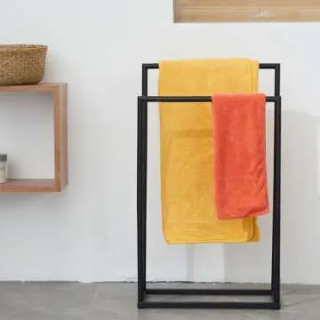 Free Standing Towel Rack, 2 Tier Towel Racks for Bathroom with Storage Shelves, Modern Outdoor Standing Towel Drying Rack for Poolside, Black Blanket Rack Holder, DECLUTTR