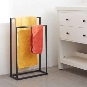 Free Standing Towel Rack, 2 Tier Towel Racks for Bathroom with Storage Shelves, Modern Outdoor Standing Towel Drying Rack for Poolside, Black Blanket Rack Holder, DECLUTTR