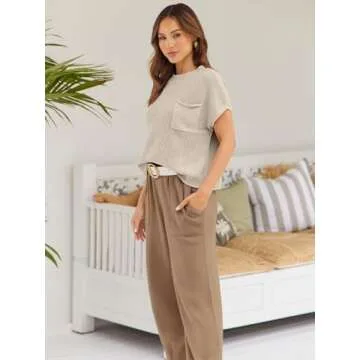 LILLUSORY Two 2 Piece Sets Womens 2025 Spring Summer Matching Lounge Sweatsuits Sweat Suits Trendy Travel Vacation Resort Wear Outfits Cozy Knit Loungewear Clothes Clothing Light Khaki S