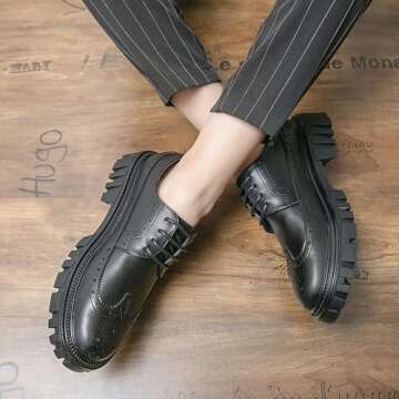 Men's Genuine Leather Oxford Dress Shoes - Platform Wingtip Oxfords - Comfortable Business Formal Slip-Resistant Work Derby Shoes (Black,11)