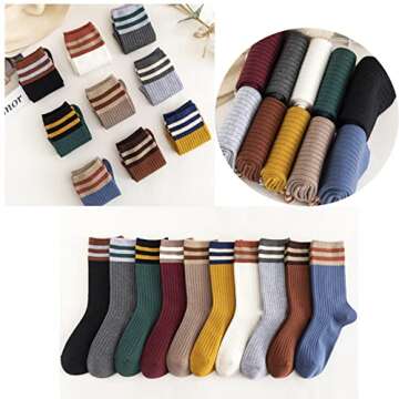 5 Pairs Fashion Striped Athletic Socks,Casual Cute Vintage Crew Socks,All Season Socks for Women Girls (Style B - Multicolor 2)
