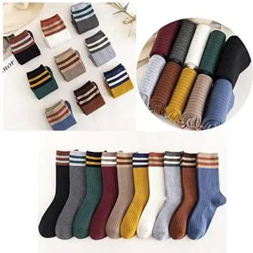 5 Pairs Fashion Striped Athletic Socks,Casual Cute Vintage Crew Socks,All Season Socks for Women Girls (Style B - Multicolor 2)