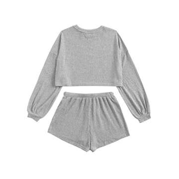 Verdusa Women's Rib Knit Long Sleeve Lounge Set 2 Piece PJ Set Nightwear Pajama Set Grey XS