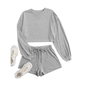 Verdusa Women's Rib Knit Long Sleeve Lounge Set 2 Piece PJ Set Nightwear Pajama Set Grey XS