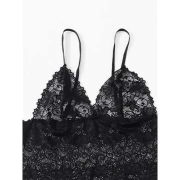 WDIRARA Women' Silk Satin Pajamas Set 4pcs Lingerie Floral Lace Cami Sleepwear with Robe Red Black M