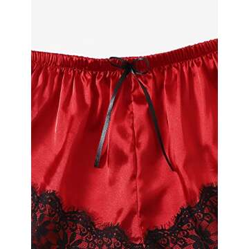 WDIRARA Women' Silk Satin Pajamas Set 4pcs Lingerie Floral Lace Cami Sleepwear with Robe Red Black M