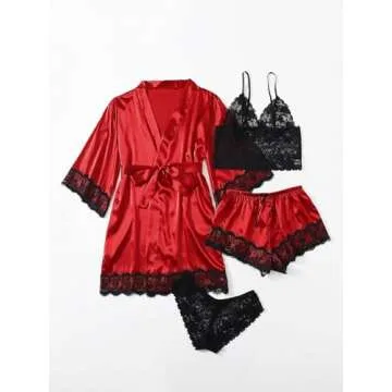 WDIRARA Women' Silk Satin Pajamas Set 4pcs Lingerie Floral Lace Cami Sleepwear with Robe Red Black M