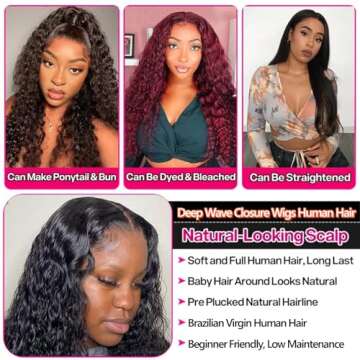 Deep Wave Lace Front Wigs Human Hair for Black Women Curly Human Hair Wig Wet Wavy Wear and Go Glueless Wigs Pre Plucked Bleached Knots Brazilian Virgin Wig with Baby Hair Natural Color 18 Inch