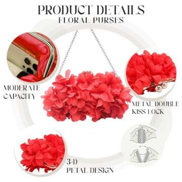 JAMBHALA Women Elegant Evening Purse - Red Floral Clutch with Chains