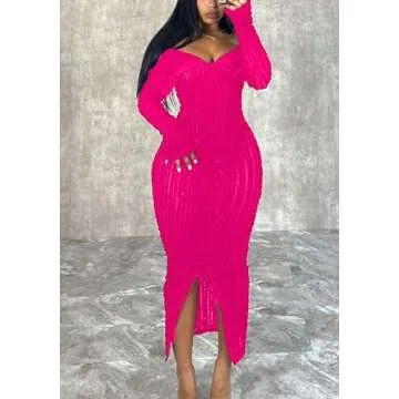 LETSVDO Mesh Dress for Women Bodycon Long Sleeve Slit Lapel Neck Sheer Club Party Night Out Maxi Dresses