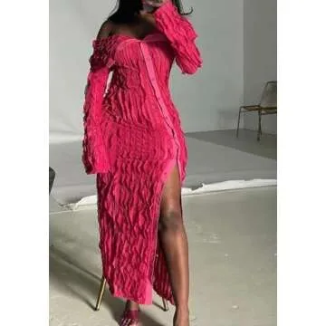 LETSVDO Mesh Dress for Women Bodycon Long Sleeve Slit Lapel Neck Sheer Club Party Night Out Maxi Dresses