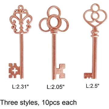 Mixed Set of 30 Large Skeleton Keys in Antique Silver - Set of 30 Keys (Dark Rose Color)