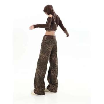 Unisex Y2k Baggy Jeans Leopard Print Jeans for Women Men Aesthetic Pants Vintage Oversize Denim Pants Cargo Pants (Large,Brown)