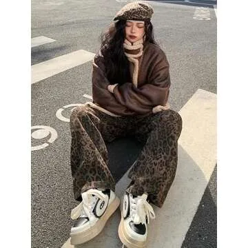 Unisex Y2k Baggy Jeans Leopard Print Jeans for Women Men Aesthetic Pants Vintage Oversize Denim Pants Cargo Pants (Large,Brown)