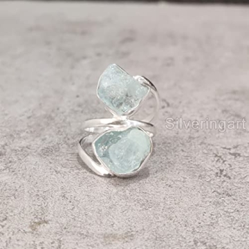 Natural Aquamarine Rough Gemstone Ring for Women