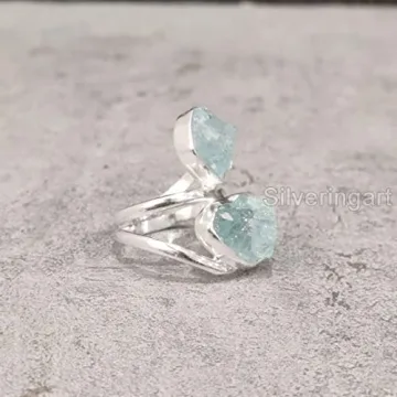 Natural Aquamarine Rough Gemstone Ring for Women