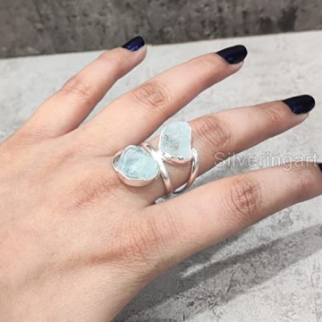 Natural Aquamarine Rough Gemstone Ring for Women