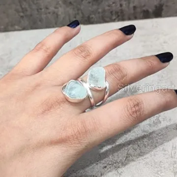 Natural Aquamarine Rough Gemstone Ring for Women