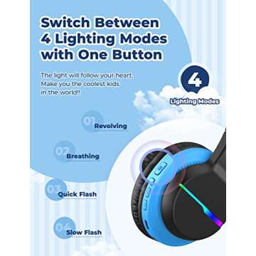 iClever BTH12 Kids Bluetooth Headphones,Colorful LED Lights Wireless Kids Headphones,74/85dBA Safe V...