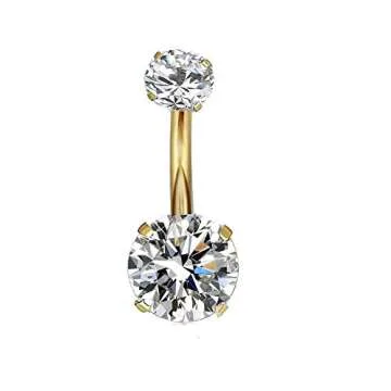 YHMM 14G Surgical Steel Gold Belly Button Rings, Internally Threaded 12mm Long Round CZ Navel Barbel...