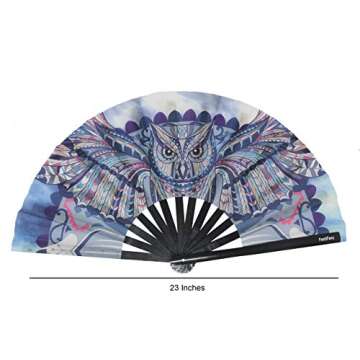 FestiFanz Large Wind Owl Folding Hand Fan, Rave Fan, Festival Fan, Club Fan, Bamboo Fan - for Events...