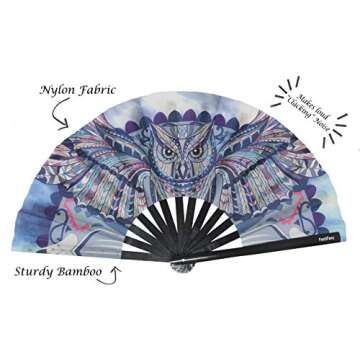 FestiFanz Large Wind Owl Folding Hand Fan, Rave Fan, Festival Fan, Club Fan, Bamboo Fan - for Events, Dance, Performance, Festivals