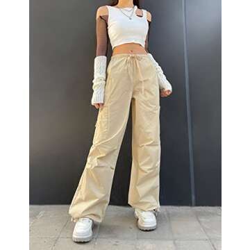 KAMISSY Women Causal Baggy Cargo Pants Parachute Low Waist Hip Hop Jogger Sweatpants with Pocket Drawstring Wide Leg Trousers Apricot