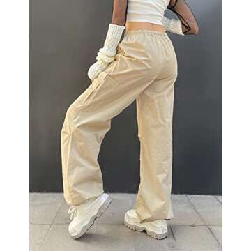KAMISSY Women Causal Baggy Cargo Pants Parachute Low Waist Hip Hop Jogger Sweatpants with Pocket Drawstring Wide Leg Trousers Apricot