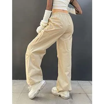 KAMISSY Women Causal Baggy Cargo Pants Parachute Low Waist Hip Hop Jogger Sweatpants with Pocket Drawstring Wide Leg Trousers Apricot