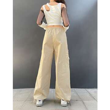 KAMISSY Women Causal Baggy Cargo Pants Parachute Low Waist Hip Hop Jogger Sweatpants with Pocket Drawstring Wide Leg Trousers Apricot