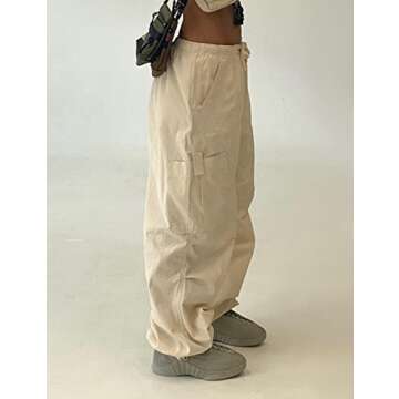 KAMISSY Women Causal Baggy Cargo Pants Parachute Low Waist Hip Hop Jogger Sweatpants with Pocket Drawstring Wide Leg Trousers Apricot