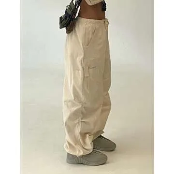 KAMISSY Women Causal Baggy Cargo Pants Parachute Low Waist Hip Hop Jogger Sweatpants with Pocket Drawstring Wide Leg Trousers Apricot