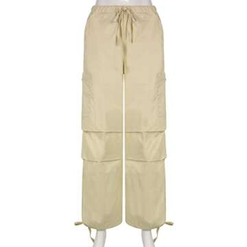KAMISSY Women Causal Baggy Cargo Pants Parachute Low Waist Hip Hop Jogger Sweatpants with Pocket Drawstring Wide Leg Trousers Apricot