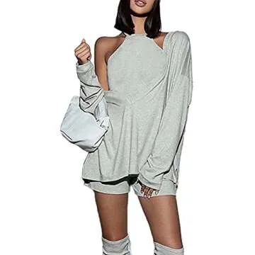 ECDAHICC Women's Two Piece Outfits Knitted Halter Neck Crop Tank Tops and Oversized Off Shoulder Dee...