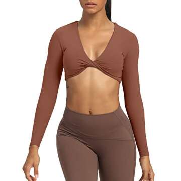 Aoxjox Long Sleeve Crop Tops for Women Sienna Twist Deep V Workout Cropped T Shirt Top (Dandelion Brown, Medium)