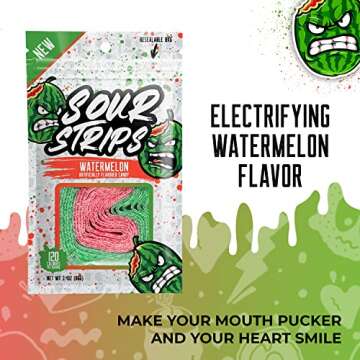 SOUR STRIPS Watermelon Flavored Sour Candy Strips - 12 Strips | Vegan & Deliciously Sour Chewy Belts