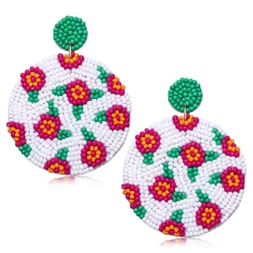 Beaded Round Drop Earrings Handmade Colorful Flower Polka Dot Disc Bead Earrings Statement Bohemia F...
