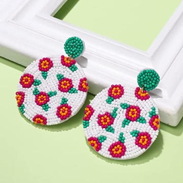 Beaded Round Drop Earrings Handmade Colorful Flower Polka Dot Disc Bead Earrings Statement Bohemia Floral Hoop Dangle Earring Jewelry Gift