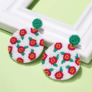 Beaded Round Drop Earrings Handmade Colorful Flower Polka Dot Disc Bead Earrings Statement Bohemia Floral Hoop Dangle Earring Jewelry Gift