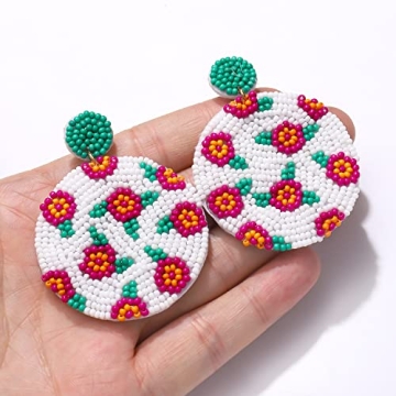 Beaded Round Drop Earrings Handmade Colorful Flower Polka Dot Disc Bead Earrings Statement Bohemia Floral Hoop Dangle Earring Jewelry Gift