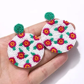 Beaded Round Drop Earrings Handmade Colorful Flower Polka Dot Disc Bead Earrings Statement Bohemia Floral Hoop Dangle Earring Jewelry Gift