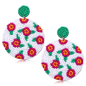 Beaded Round Drop Earrings Handmade Colorful Flower Polka Dot Disc Bead Earrings Statement Bohemia Floral Hoop Dangle Earring Jewelry Gift