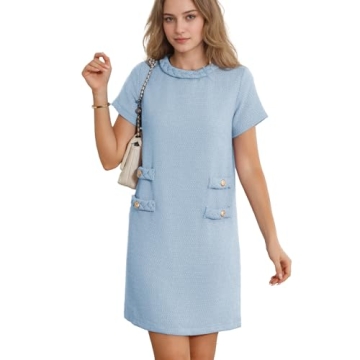 SeeLuNa Women's Tweed Dress - Short Sleeve Vintage A-line Casual Mini Dress