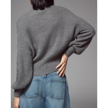 Womens Bow Sweater Cute Long Sleeve Mock Neck Drop Shoulder Trendy Fall Knitted Pullover Tops Gray