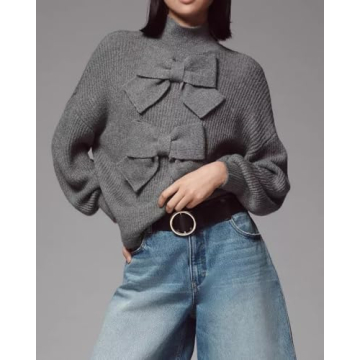 Womens Bow Sweater Cute Long Sleeve Mock Neck Drop Shoulder Trendy Fall Knitted Pullover Tops Gray