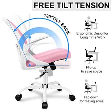 Primy Office Chair Ergonomic Desk Chair with Adjustable Lumbar Support and Height, Swivel Breathable Desk Mesh Computer Chair with Flip up Armrests for Conference Room (Pink)
