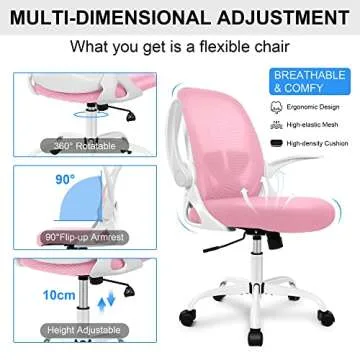 Primy Office Chair Ergonomic Desk Chair with Adjustable Lumbar Support and Height, Swivel Breathable Desk Mesh Computer Chair with Flip up Armrests for Conference Room (Pink)