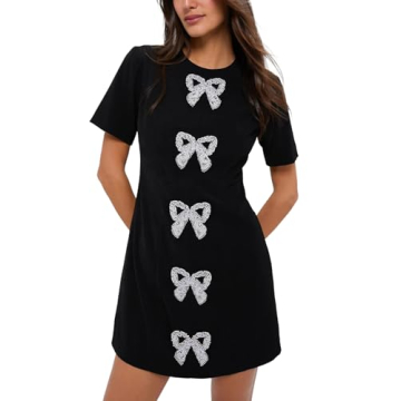 SCOFEEL Women's Short Sleeve Mini Dress Pearls Beaded Bow Tunic Dresses Elegant Crew Neck Party Dress Black