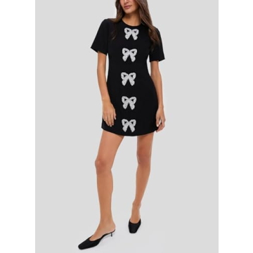 SCOFEEL Women's Short Sleeve Mini Dress Pearls Beaded Bow Tunic Dresses Elegant Crew Neck Party Dress Black